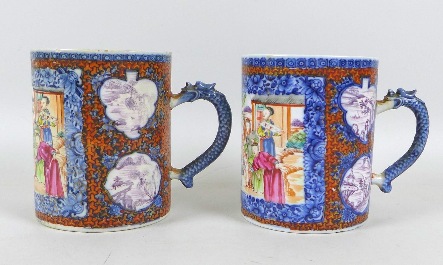 A pair of Chinese Export porcelain tankards, Qing Dynasty, early 19th century, decorated in
