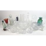 A collection of twenty various glass wares, including a Medina blue and green bottle style vase 9.