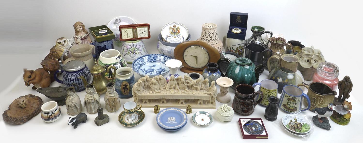 A group of over fifty collectables, including a Smiths eight day floating balance mantel clock