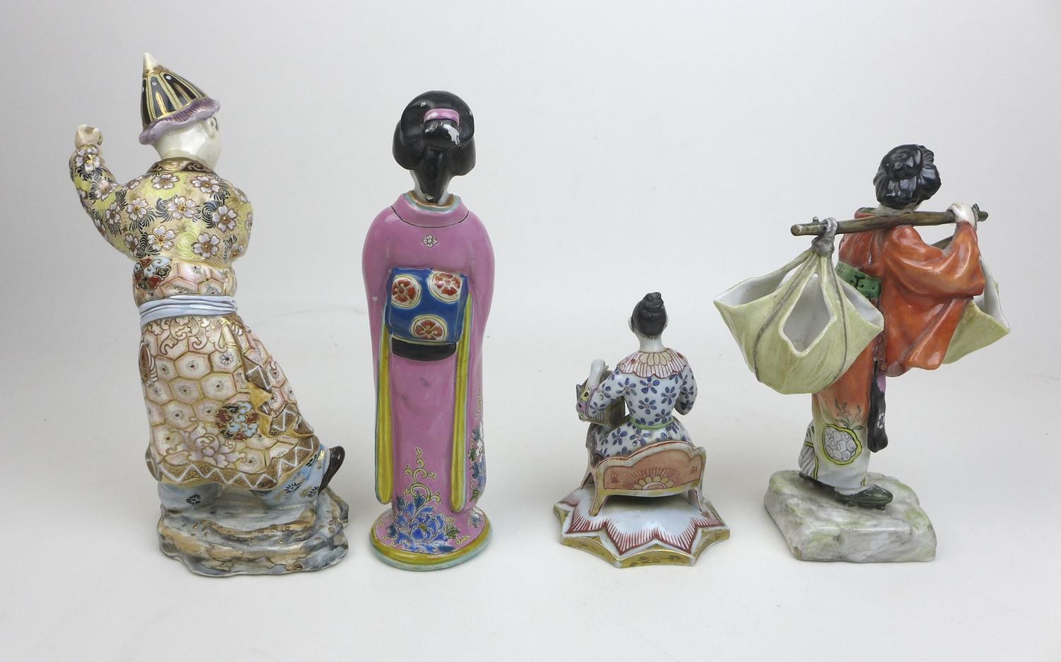 A group of four Oriental figurines, a Hochst style Chinese lady carrying her wares, with cartwheel - Image 2 of 6
