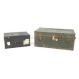 Two vintage metal trunks, one green, one black, 78.5 by 44 by 34cm, 52 by 35.5 by 25cm.