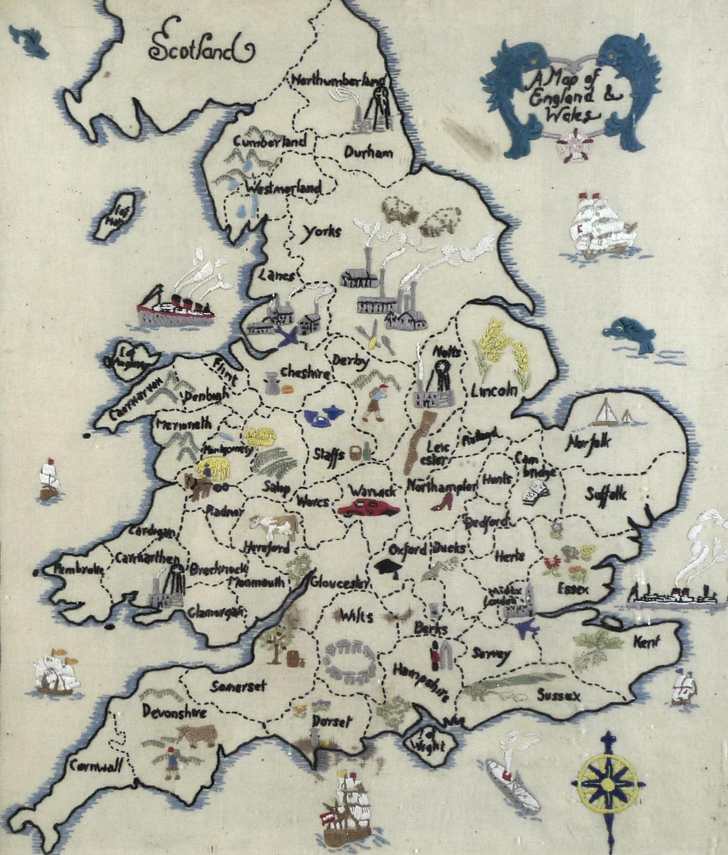 A vintage embroidered 'Map of England & Wales', showing the individual counties and the local