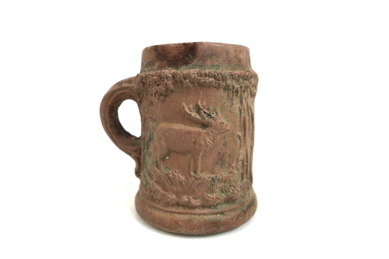 A detectorist found small mid 16th/17th century terracotta tankard, with single handle, with - Image 2 of 5