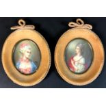 A pair of miniature portraits, late 20th century, each of oval form, half length, each depicting a