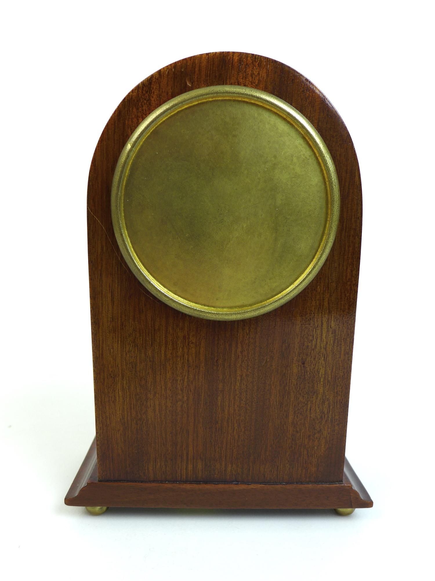 An Edwardian mahogany mantle clock, the domed topped case with decorative marquetry inlay, white - Image 5 of 8