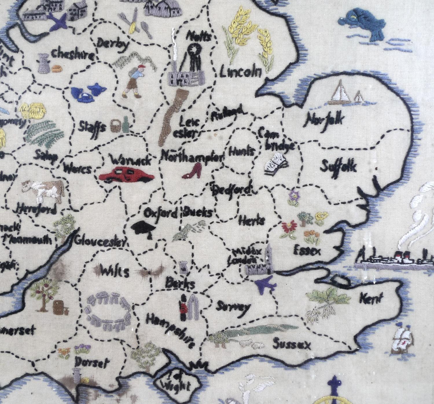 A vintage embroidered 'Map of England & Wales', showing the individual counties and the local - Image 4 of 5