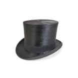 A mid 20th century Kirsop & Son of Glasgow silk top hat, believed to be size 7 1/8, with initials '