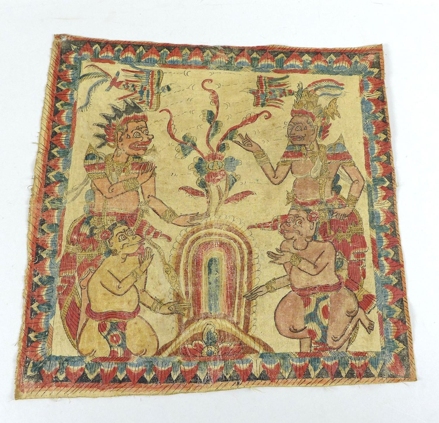 An Indonesian linen Batik and painted pictorial cloth, decorated with two figures possibly deities