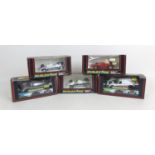 Five Scalextric racing cars, comprising three F1 style models, a Brabham BT 49 Parmalat (C139), a