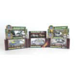 Five Scalextric model racing cars with boxes, comprising two 'Power and the Glory models' a
