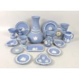 A collection of Wedgwood Jasperware, mostly in blue and white, including a teapot, 15cm high, a
