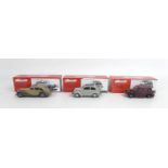 Three Somerville Models 1/43 scale die cast classic cars, a Ford Popular E103 in grey, a Riley