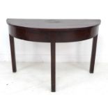 A 19th century mahogany demi lune table, with plain frieze, raised on square section legs, 115 by 52
