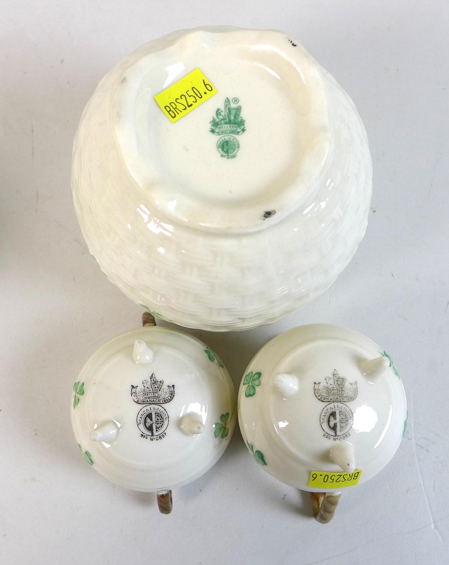 A small collection of Belleek china, shamrock pattern, comprising a basket weave moulded vase, 12 by - Image 4 of 4