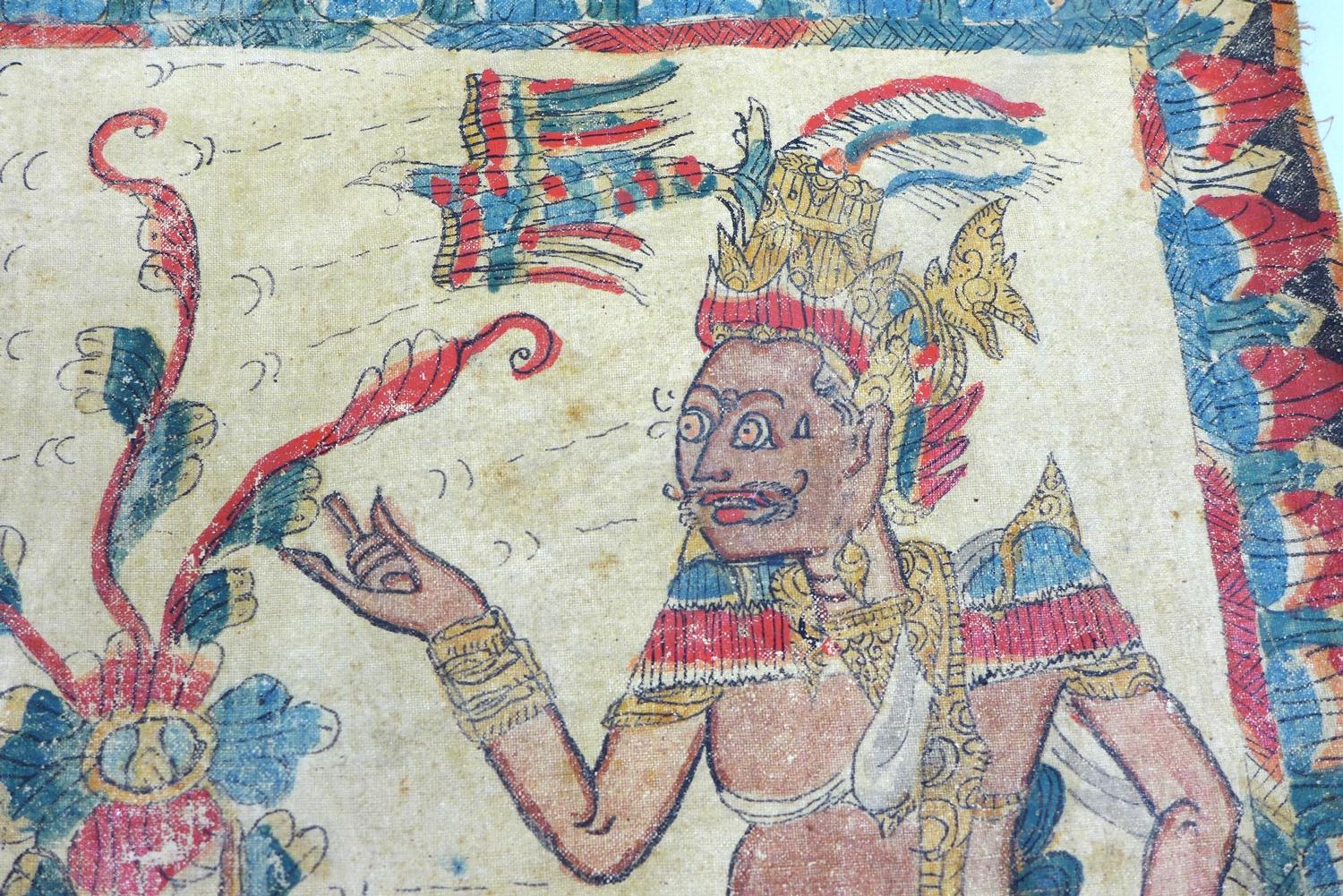 An Indonesian linen Batik and painted pictorial cloth, decorated with two figures possibly deities - Image 2 of 3