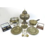 A collection of brass, copper and metal items, including a Persian pierced pendant lamp shade, a