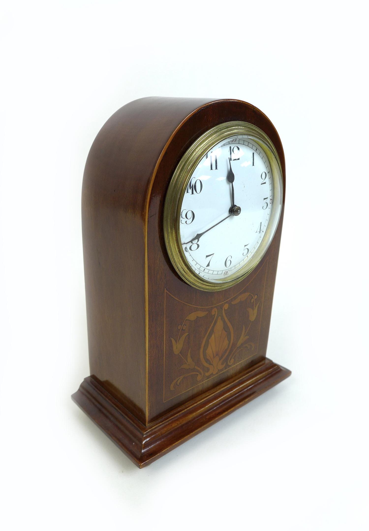 An Edwardian mahogany mantle clock, the domed topped case with decorative marquetry inlay, white - Image 2 of 8