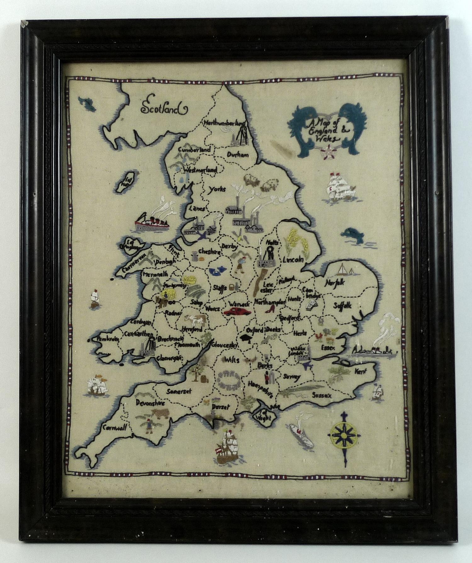 A vintage embroidered 'Map of England & Wales', showing the individual counties and the local - Image 2 of 5