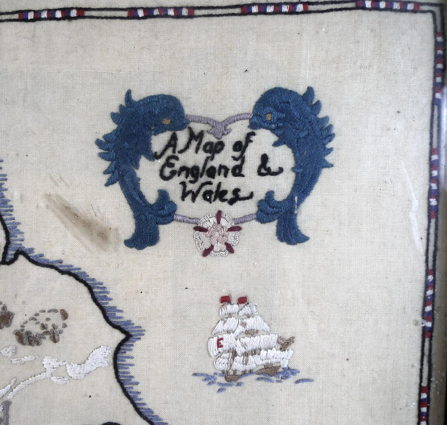 A vintage embroidered 'Map of England & Wales', showing the individual counties and the local - Image 3 of 5