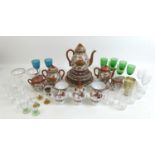 A collection of various ceramics and glass ware, including three Spode imari pattern tea cups,