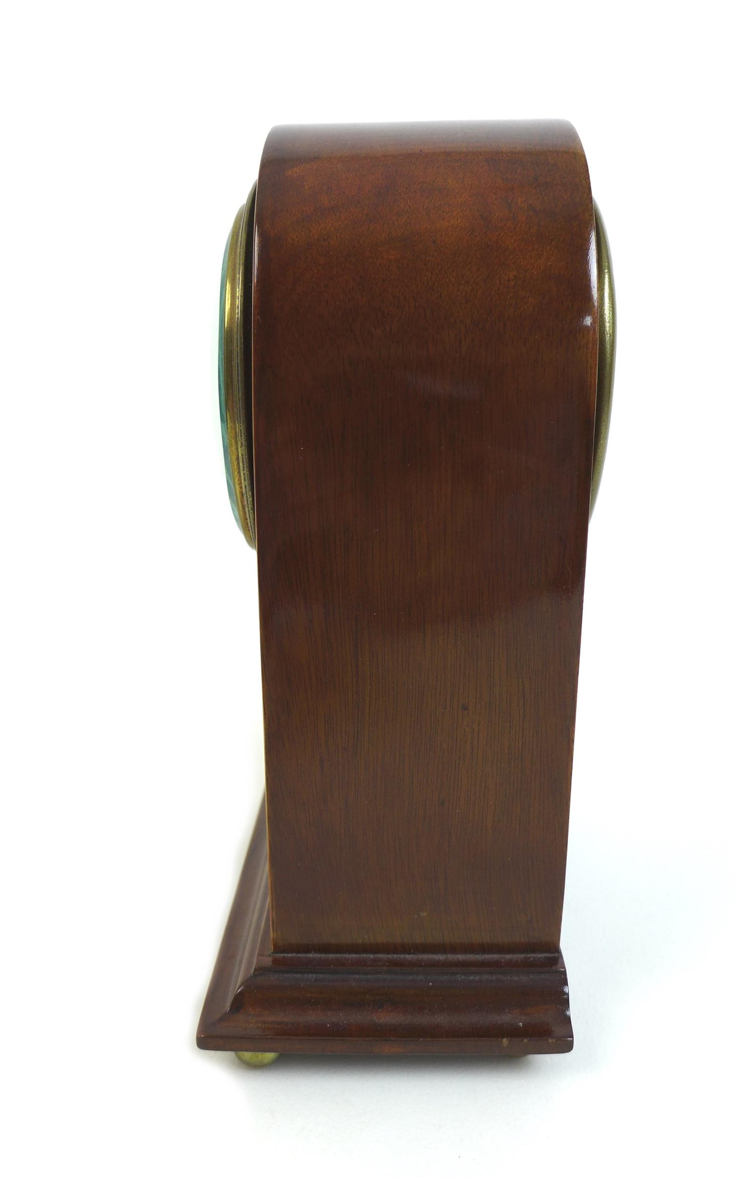 An Edwardian mahogany mantle clock, the domed topped case with decorative marquetry inlay, white - Image 4 of 8