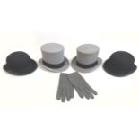 Two vintage grey felt top hats, comprising two a grey felt top hats, with one by Kirsop of Glasgow
