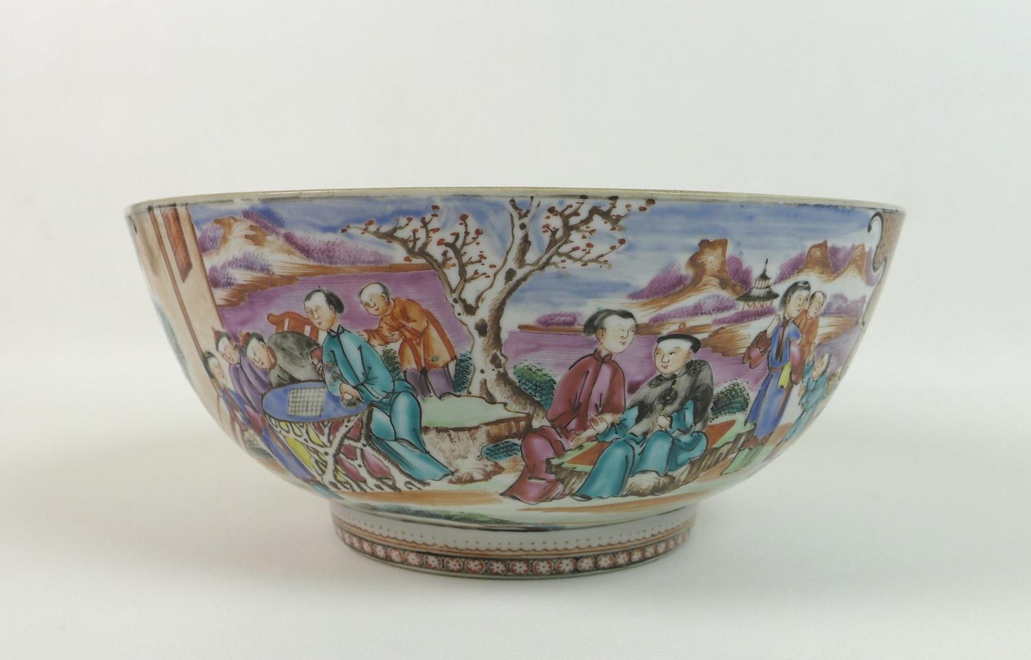 A Chinese Export porcelain famille rose punch bowl, Qing Dynasty, late 18th century, polychrome