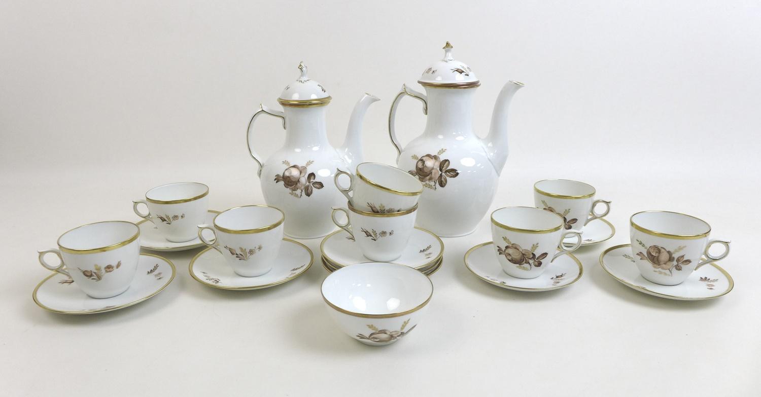 A Royal Copenhagen Brown Rose 688 pattern part coffee set, comprising a coffee pot, tea pot, a sugar