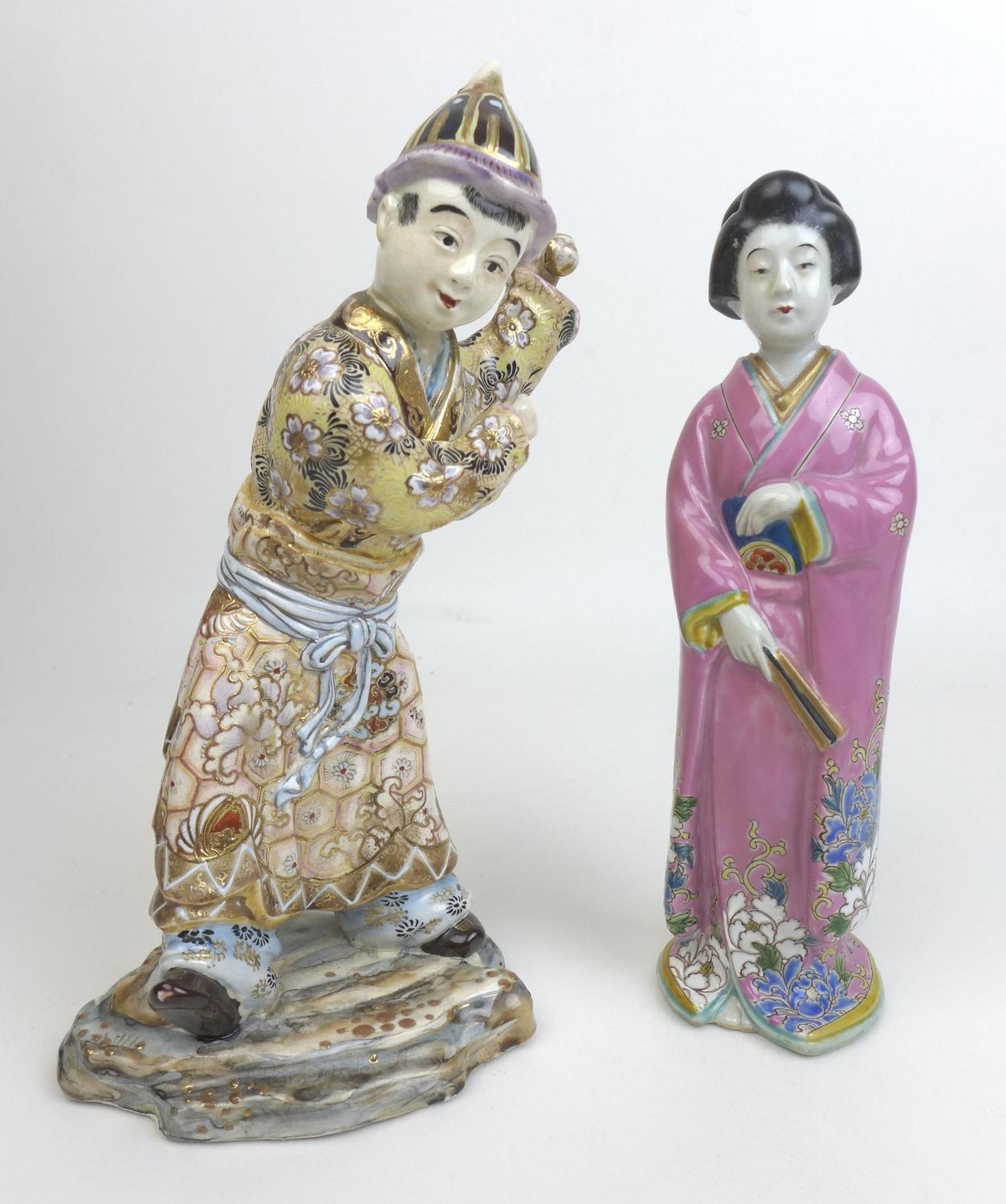 A group of four Oriental figurines, a Hochst style Chinese lady carrying her wares, with cartwheel - Image 3 of 6