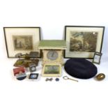 A group of mixed collectables, including a set of weighing scales, a set of postal scales, a brass