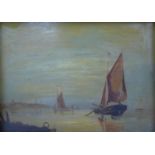 E. Cooke (British, 19th century): sailing boats near shoreline, signed, indistinct pencil written