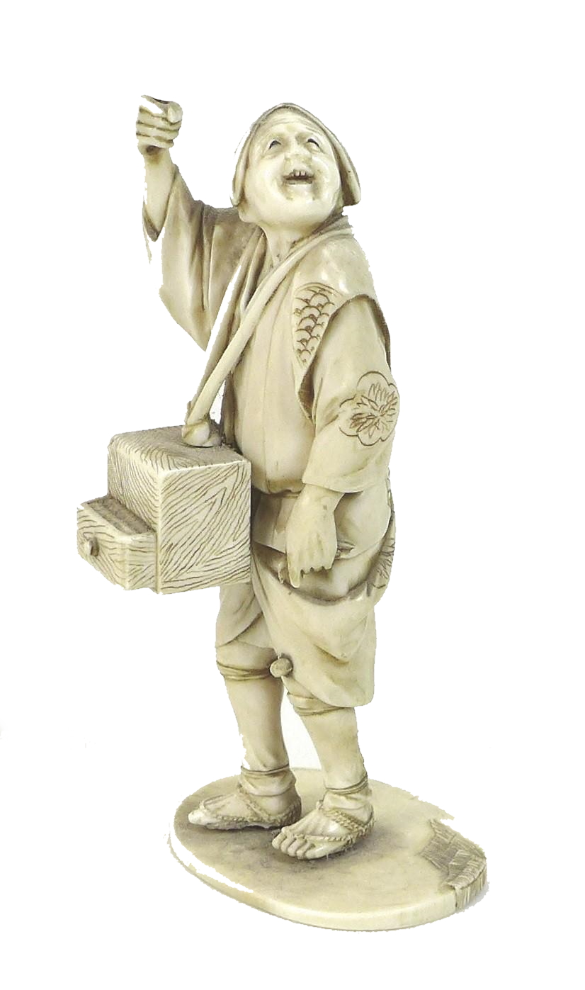 A Japanese ivory okimono, Meiji Period, late 19th century, modelled as a man standing looking up