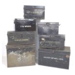A collection of seven early 20th century metal deeds boxes, each painted black with white owner's