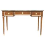 A modern French style bureau plat, the rectangular surface with quarter veneer and crossbanding,