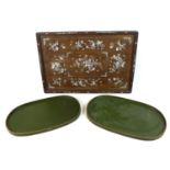 A Chinese hardwood tray with inlaid mother of pearl decoration, late 19th century, depicting