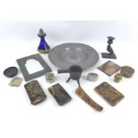 A group of metal wares and collectables, including a bronzed cast metal candlestick with owl and
