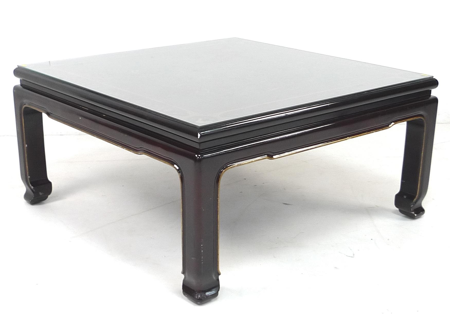 A modern Chinese style black lacquer low square side table, the surface decorated with two birds