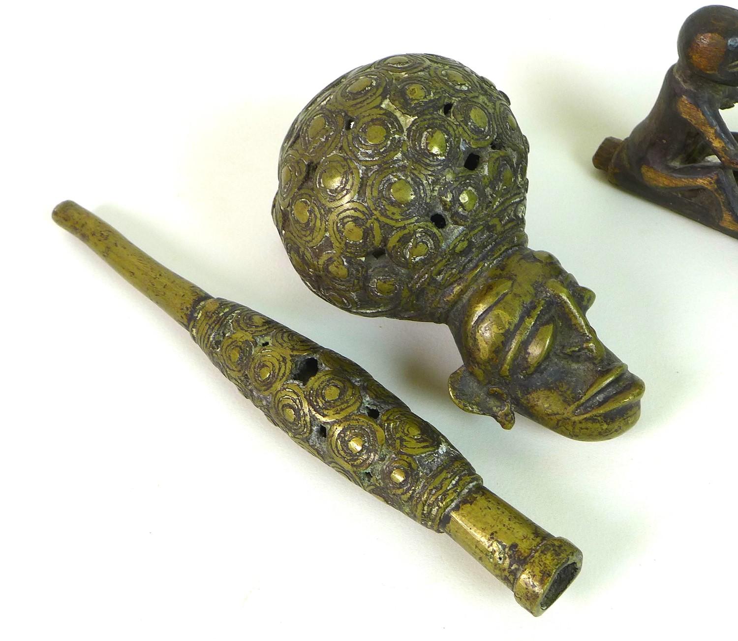 A group of three ethnographic items, comprising a Benin style small bronze sculpture, possibly - Image 2 of 3