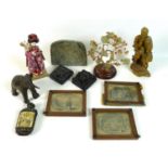 A group of South East Asian collectables, comprising a Chinese soapstone carving of a fisherman,