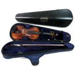 A 3/4 Mittenwald violin, 57cm length, with bow and fitted hard case, together with black painted