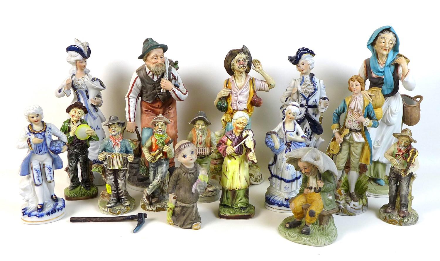 A group of modern Continental ceramic figurines, various factories, tallest 36cm. (16)