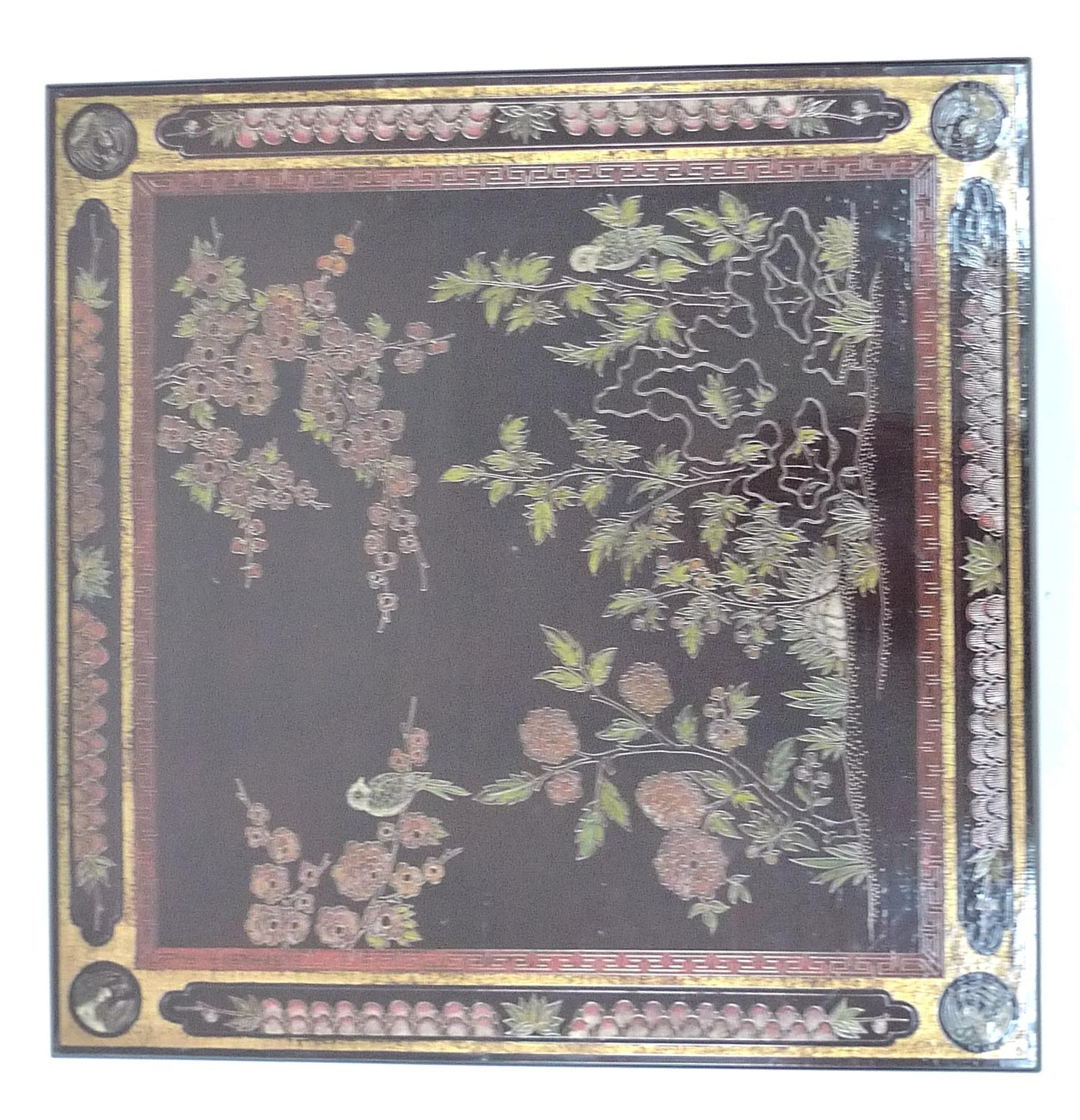 A modern Chinese style black lacquer low square side table, the surface decorated with two birds - Image 3 of 3