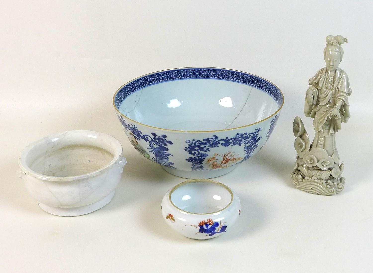 A group of Chinese porcelain, comprising a white glazed bowl of censor form, 19th century, with twin