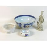 A group of Chinese porcelain, comprising a white glazed bowl of censor form, 19th century, with twin