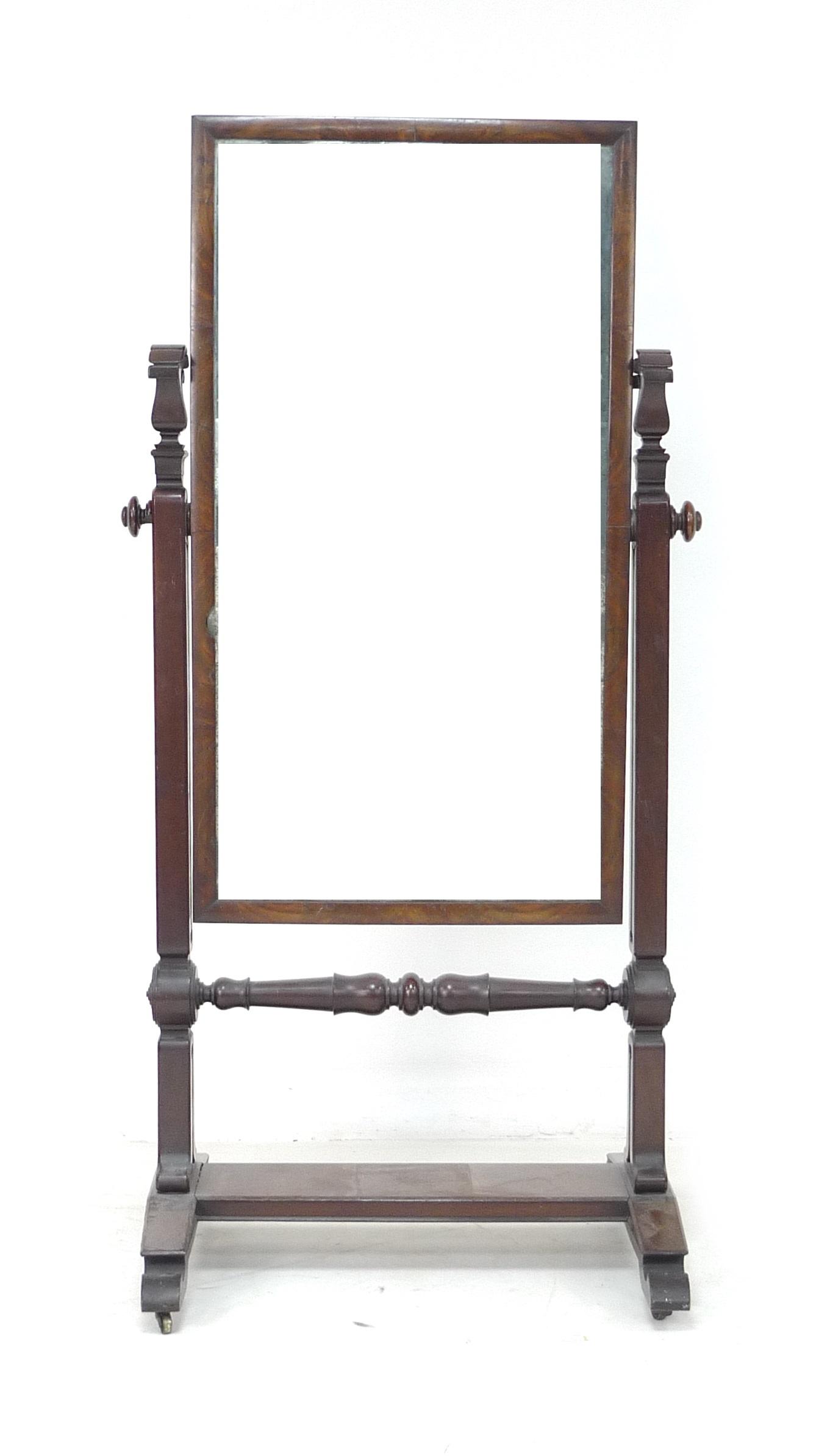 A William IV mahogany cheval mirror, rectangular plate, foliate carved supports, on a rectangular - Image 2 of 3