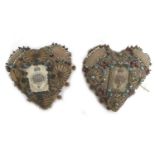 A pair of WWI heart shaped pin cushions, decorated with Grenadier Guard emblem and ornate