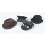 A British Rail cap, dated 1962 size 7 1/8, a vintage felt bowler hat by Falcon, size 7 1/8, and a J.