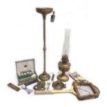 A mixed group of metal wares and other items, including a brass cigarette ashtray stand, an oil