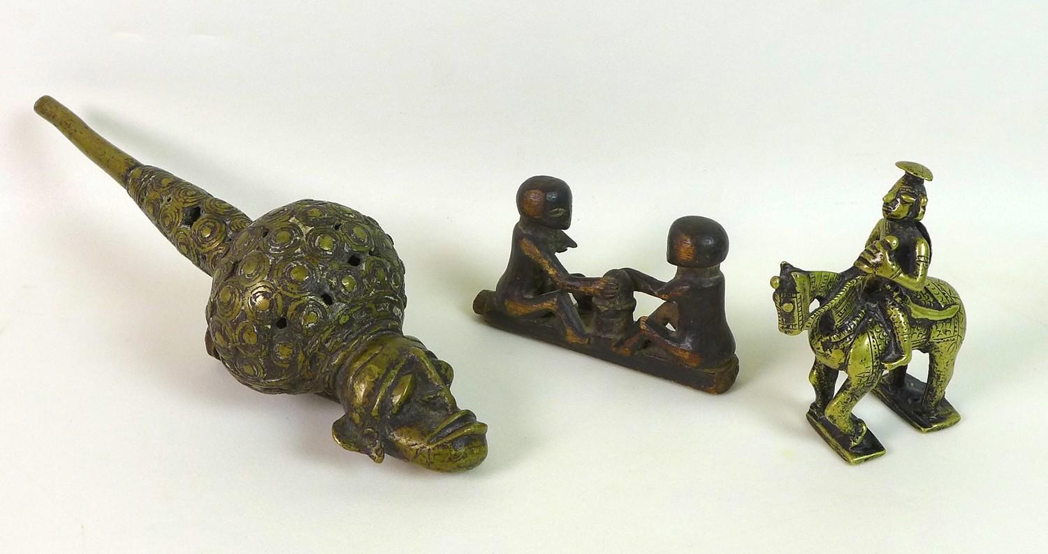 A group of three ethnographic items, comprising a Benin style small bronze sculpture, possibly