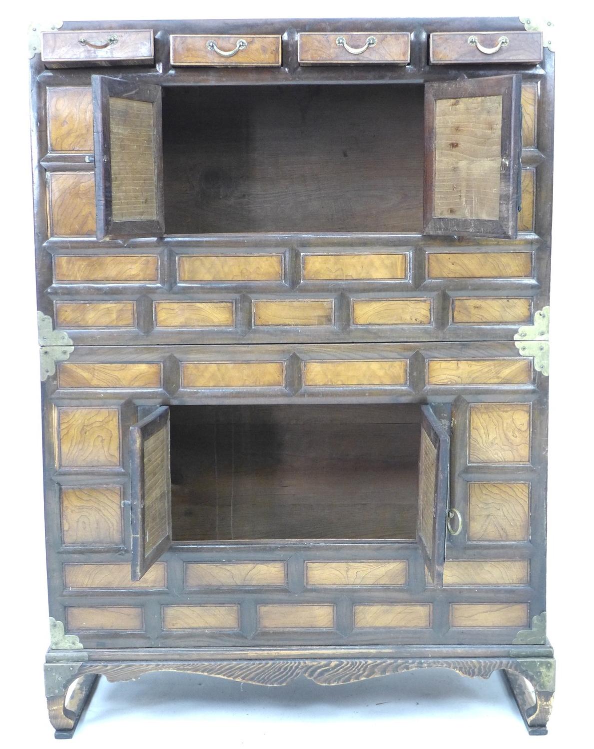 An early 20th century Chinese storage cabinet, of brick front design with brass corners and handles, - Image 2 of 4